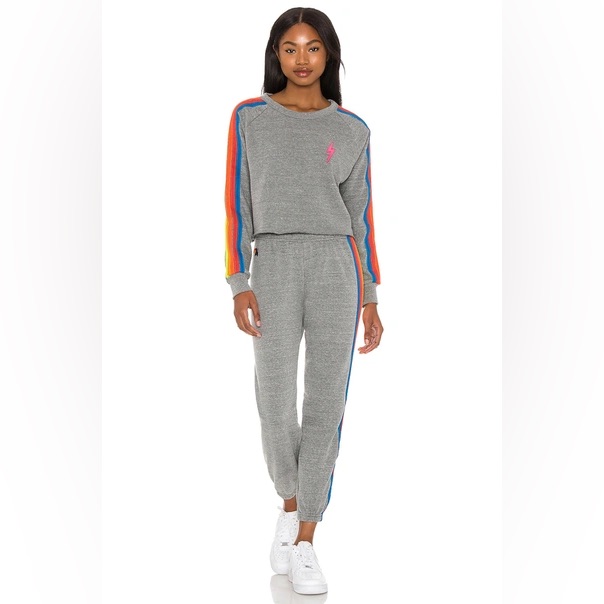 Nwot Aviator Nation 5 Stripe Sweat Set Heather Grey / Neon Size Xs Pants / M Top